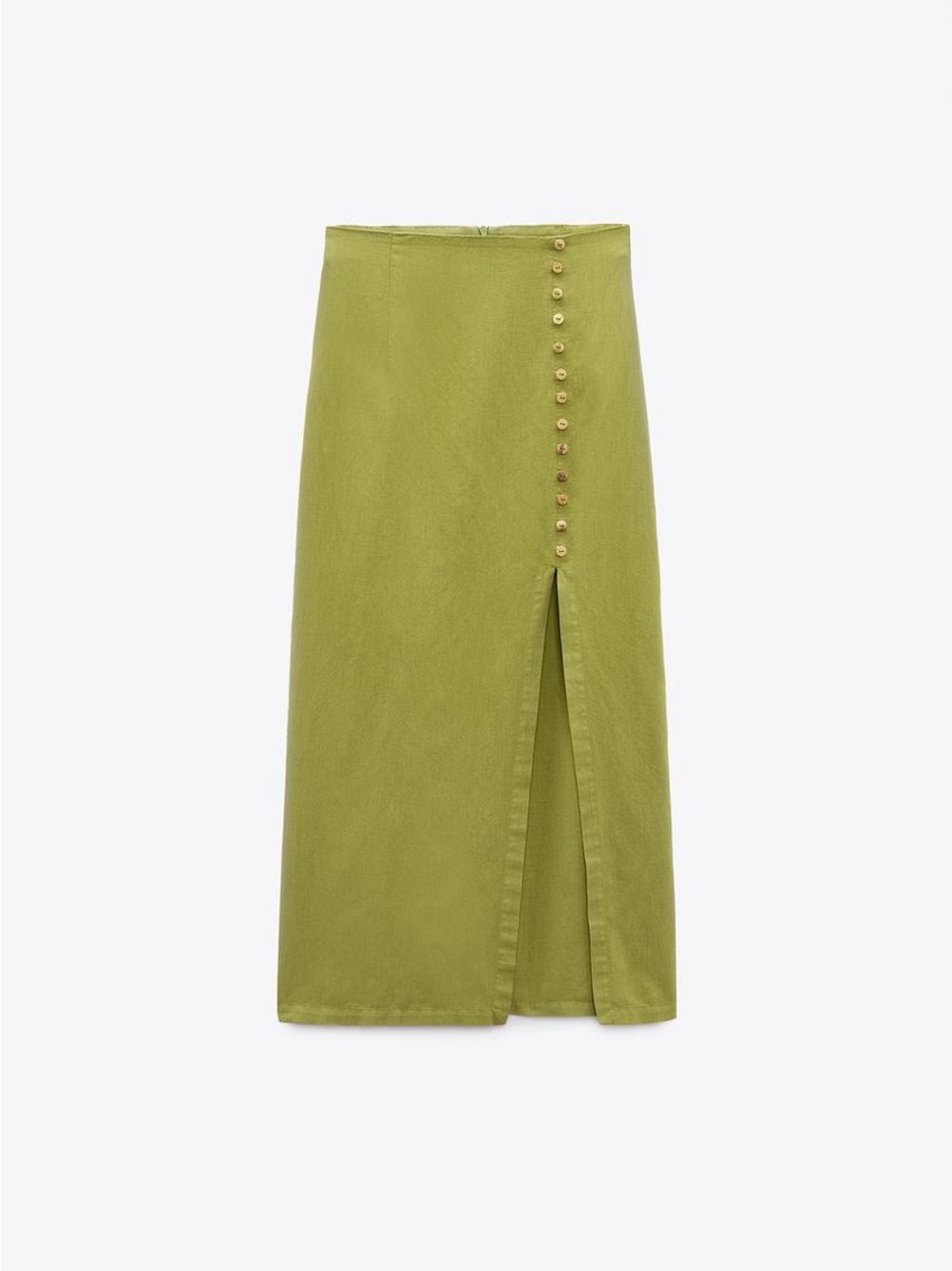 Zara Linen Blend Green Button-Front Midi Skirt with Front Slit